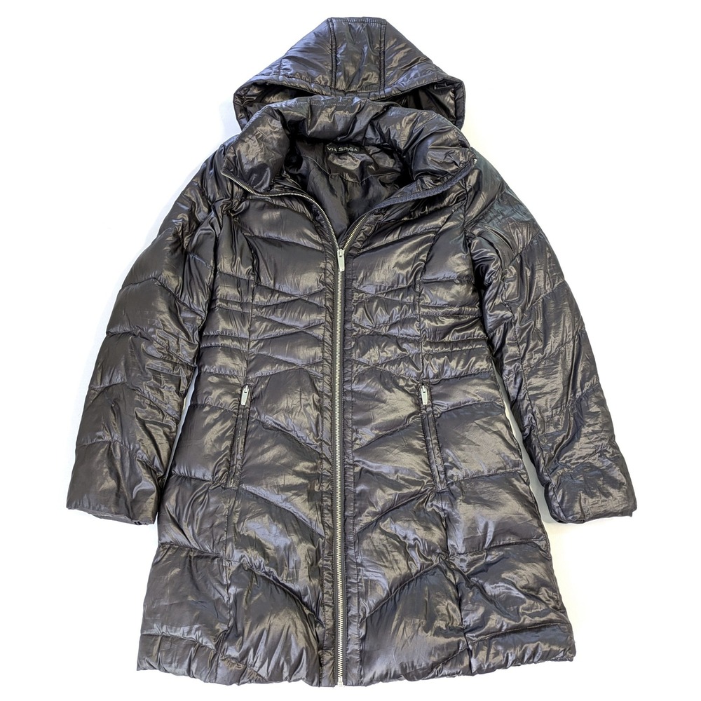 Via Spiga Womens Metallic Grey Hooded Puffer Down Coat Parka Medium